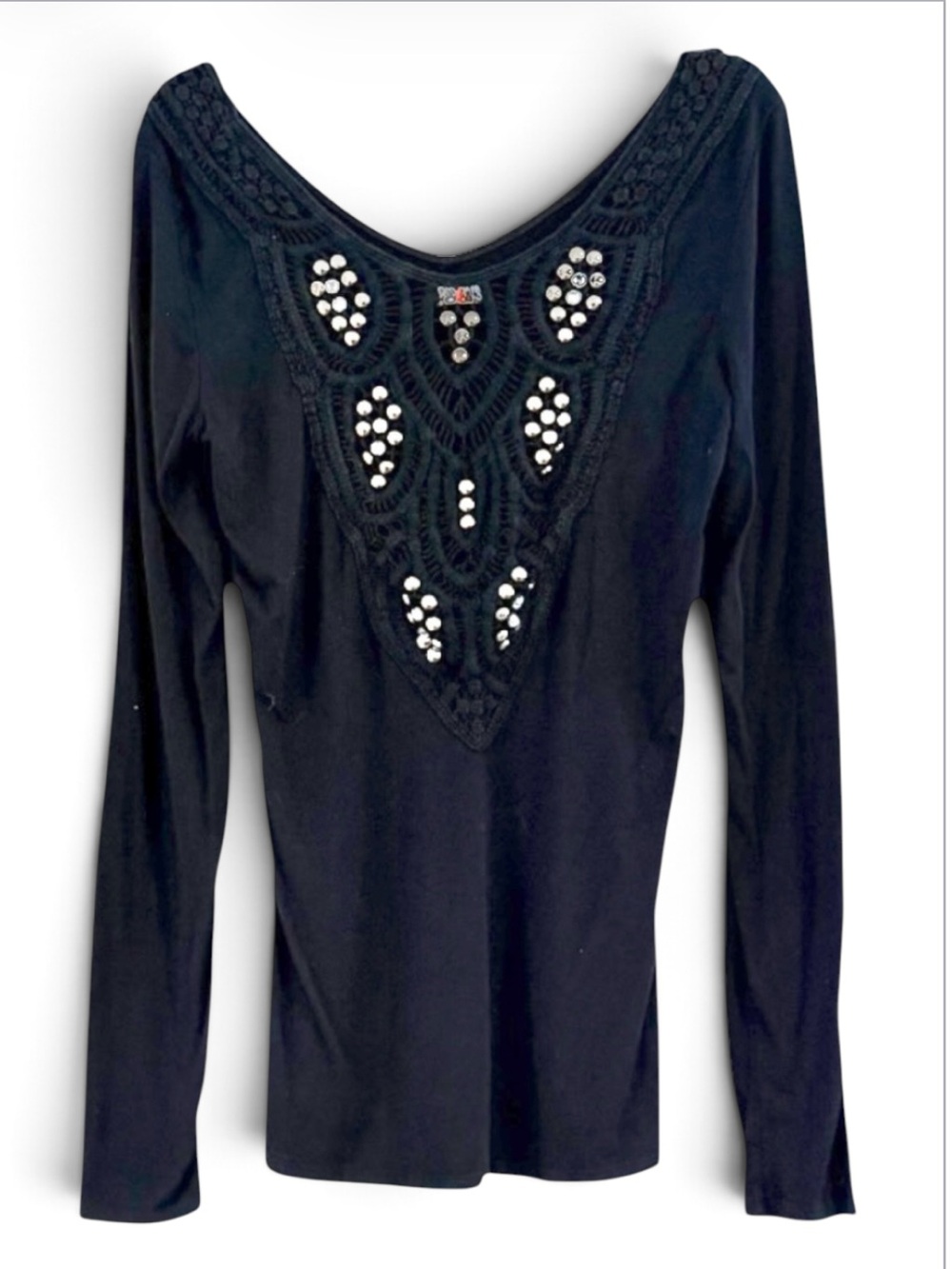 Ariella Black Crochet Lace V Back Silver Studded Top Size L
